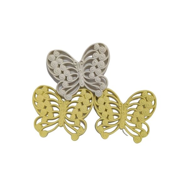 Vintage Burwood Butterfly Wall Decor Set Of 3 Yellow & White Plastic Scroll Desi - Picture 3 of 6